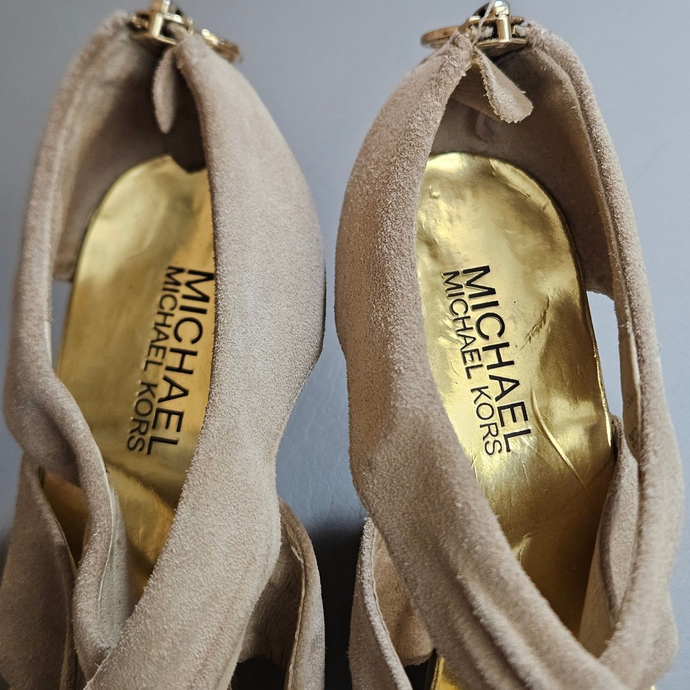 Michael Michael Kors Tan Suede Metallic Gold Cone Heel Sandals 6.5M - Picture 11 of 14